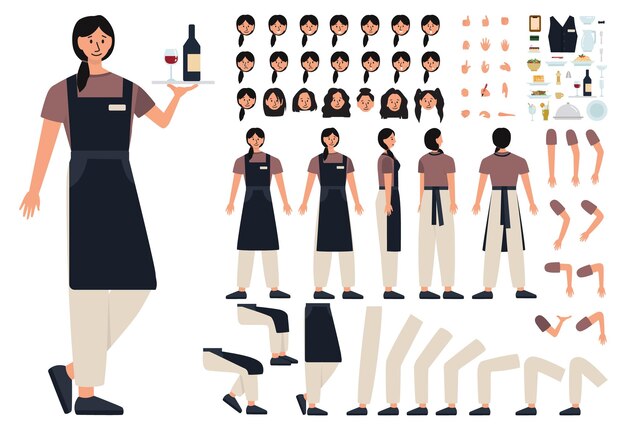 Female waitress concept constructor set. restaurant staff in the uniform, catering worker. order acceptance and customer service. isolated vector illustration in cartoon style