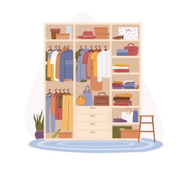 Vector female wardrobe with organized clothes vector