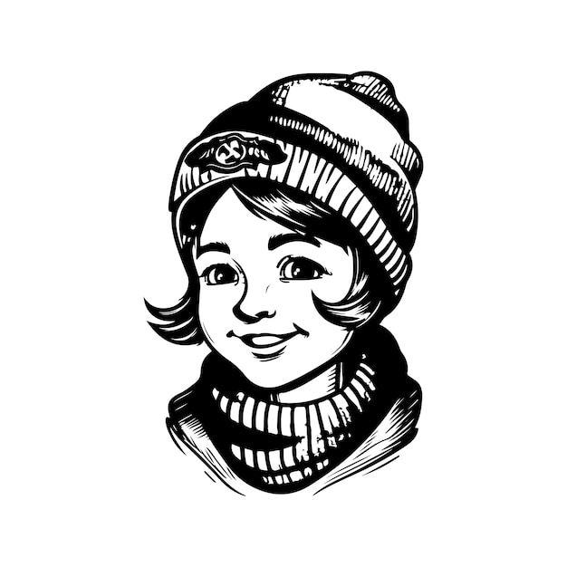 Vector female wearing sweeter and cap vintage logo line art concept black and white color hand drawn illustration