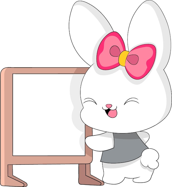 A female white rabbit is teaching with a board