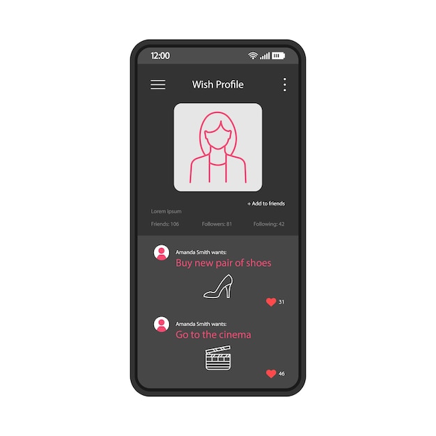 Vector female wish profile smartphone interface vector template