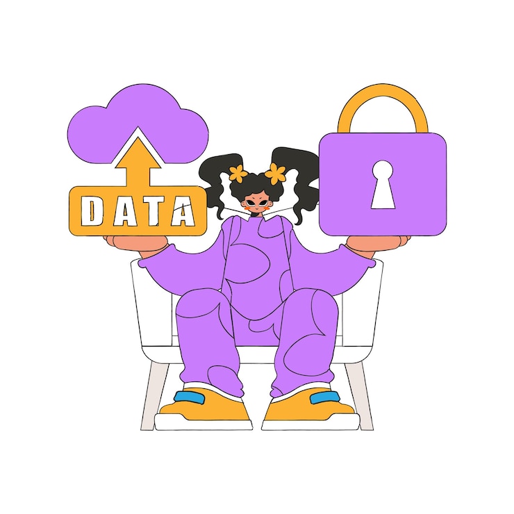 Vector a female with a cloud storage system and a lock