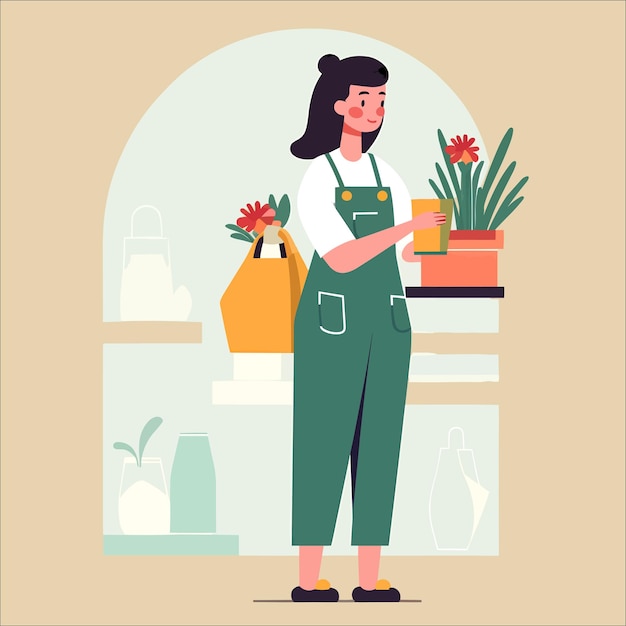 Vector female with green shirt and a pot of flowers