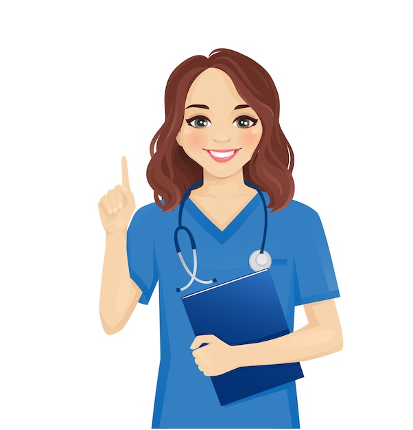 Vector female woman nurse character pointing finger up isolated vector illustration