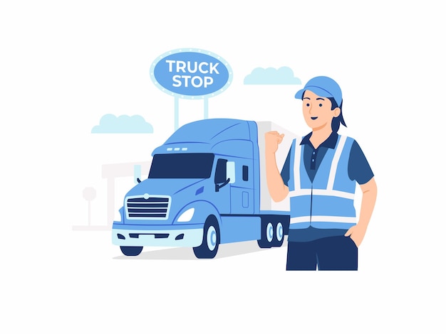 Vector female woman truck driver standing in front of his truck trailer big rig cargo hauler at truck stop rest area concept illustration