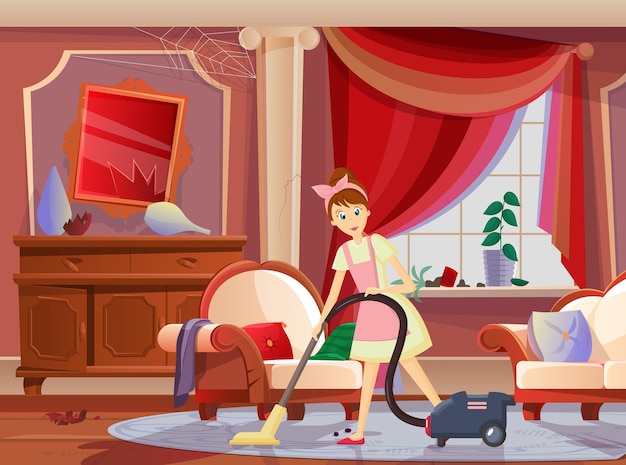 Female women housekeeper housewife with a vacuum cleaner living room cleaned the dirty house Housekeeping household chores home cleaning restoring order Dirty living luxury room cartoon vector