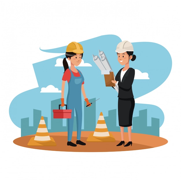 Female worker and architect on construction zone cartoons