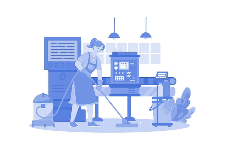 Vector female worker cleaning floor using a vacuum cleaner