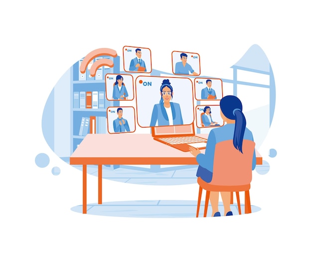 The female worker is holding a Webcam group conference with colleagues on a modern laptop at home