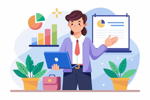 Vector female worker standing in front of portable computer likely presenting to colleagues or clients employee presentation trending simple and minimalist flat vector illustration