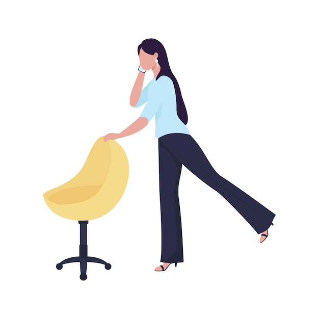 Female worker warming up with office chair semi flat color vector character. Full body person on white. Strengthening legs isolated modern cartoon style illustration for graphic design and animation