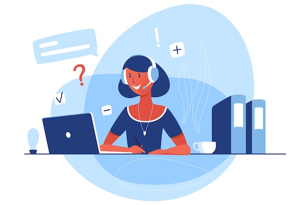 A female works in customer support. Vector flat character is sitting in front of a laptop and answering with headphones and a microphone. Cartoon illustration with online chat.