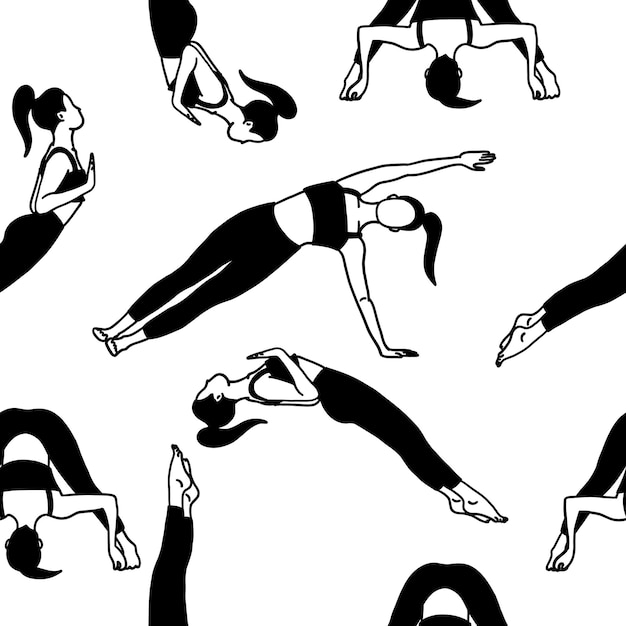 Female yoga poses pattern in black and white cartoon flat style