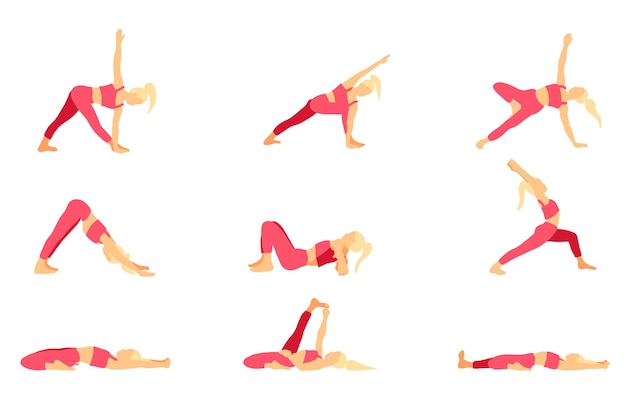 Female yoga poses set in cartoon flat style