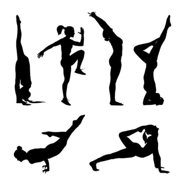 Female yoga poses silhouettes woman practicing yoga in different postures standing