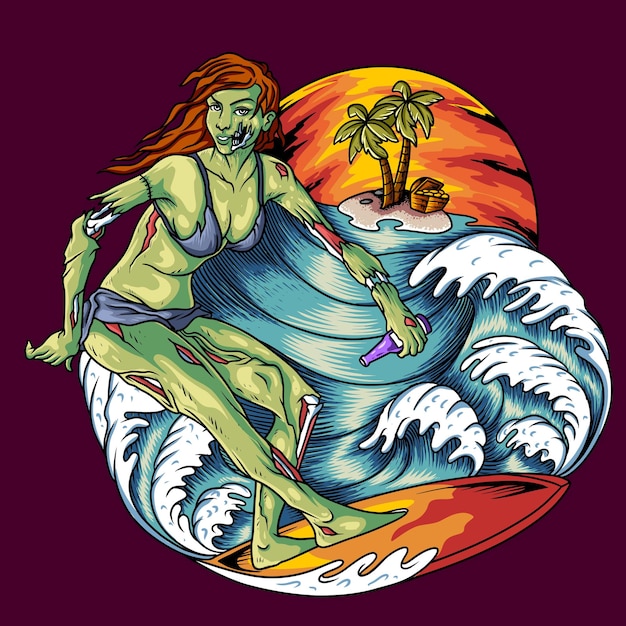 Female zombie surf on summer beach sunset