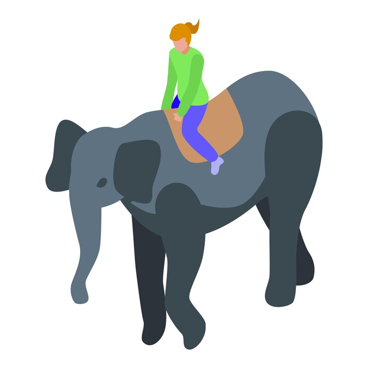Vector female zoo keeper riding an elephant during her workday at the zoo