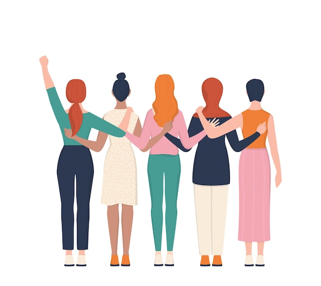 Femenism and girl power concept. Idea of gender equality and female movement. Women group hugging together. Female character support each other card or banner.   