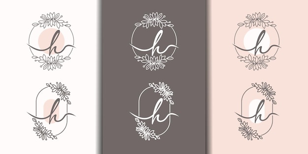 Feminime letter h with floral frame logo template