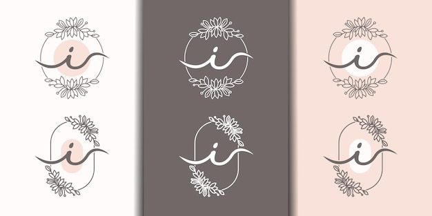 Vector feminime letter i with floral frame logo template