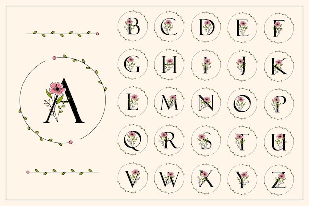 ベクトル 花のフレームのロゴのテンプレートを持つフェミニンな a から z までの文字