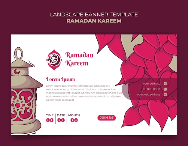 Feminine background design for ramadan kareem with lantern and pink leaves in hand drawn design