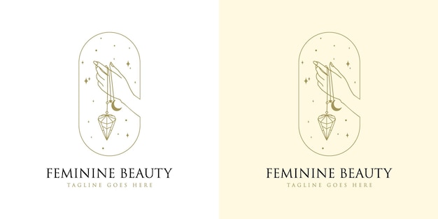 Feminine beauty boho logo with woman hand nail crystal diamond and star for makeup salon spa brand