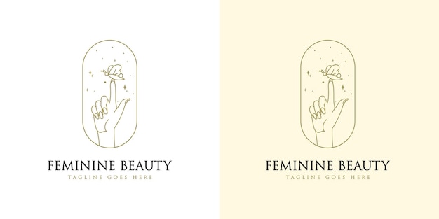 Feminine beauty boho logo with woman hand nail star and butterfly for makeup salon spa brands