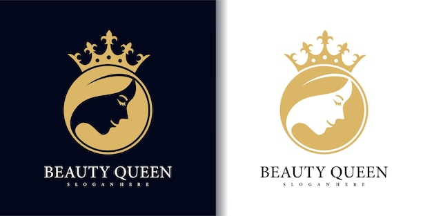 Feminine beauty woman face with queen crown gold logo