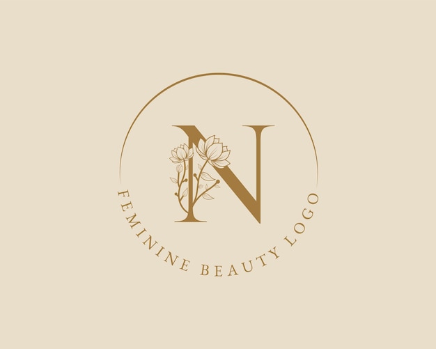 Feminine botanical N letter initial laurel wreath logo template for spa beauty salon wedding card
