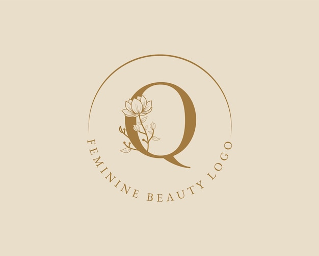 Feminine botanical q letter initial laurel wreath logo template for spa beauty salon wedding card