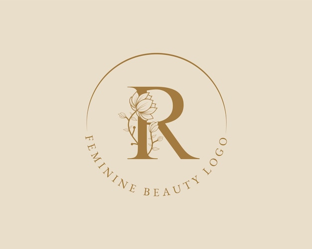 Вектор Женственная ботаническая буква r, шаблон логотипа лаврового венка для спа-салона красоты, свадебная открытка