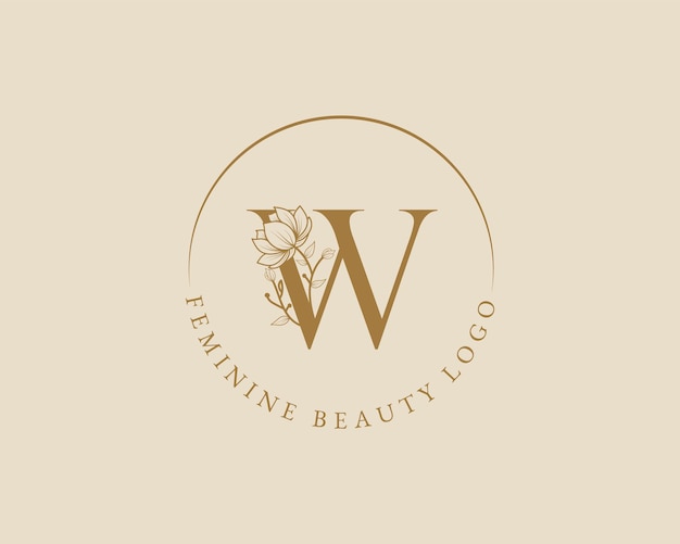 Женское ботаническое письмо w буквица с лавровым венком, шаблон логотипа для спа-салона красоты, свадебная открытка