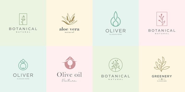 Collezione logo design femminile. rose eleganti, botanica, aloe vera, olio d'oliva, verde e natura.