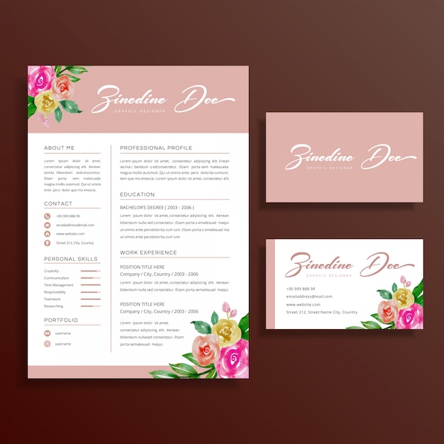 Feminine Floral Resume and Business Card Design Set