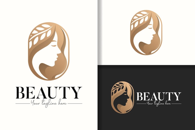 Feminine gold woman with leaf natural hair logo template