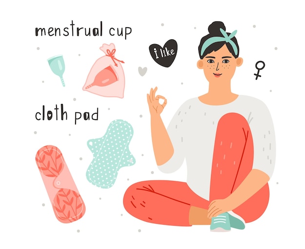 Feminine hygiene illustration. Menstrual cup and cloth pad hygiene for protection woman during menstrual cycle