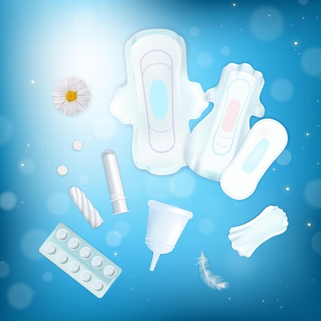 Feminine hygiene illustration with towels tampons and cups realistic