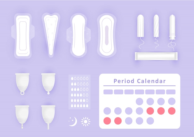 女性用衛生用品-白いナプキン、パッド、月経カップ、タンポンのアイコンセット。重要な日の女の子の保護。フラットスタイルの個人の衛生要素。