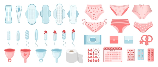 Вектор Набор женской гигиены. концепция менструального периода. менструальная чаша, тампоны, мыльные трусики.