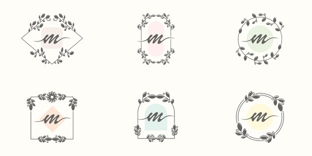 Vector feminine initial letter m with foral frame concept logo template