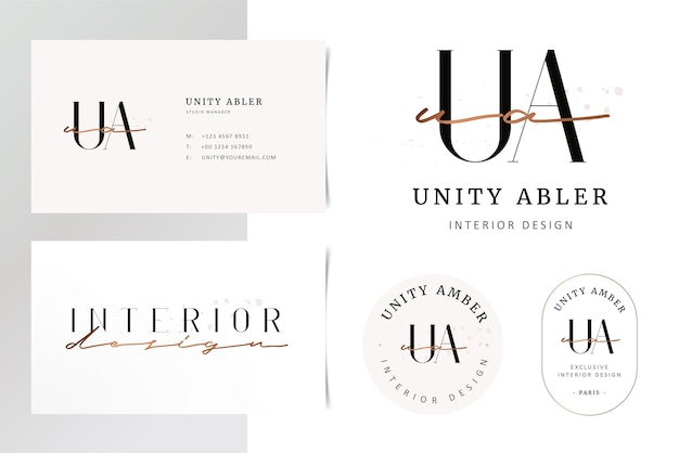 Feminine initial logo design with black, pink and gold elements