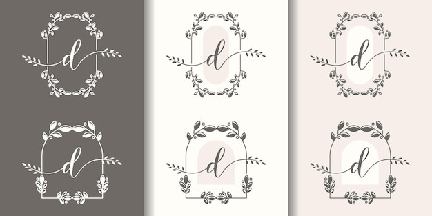 Vector feminine letter d with floral frame logo template