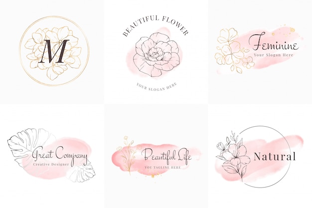 Feminine logos collection, hand drawn modern minimalistic and floral and watercolor badge templates for branding,  identity, boutique, salon