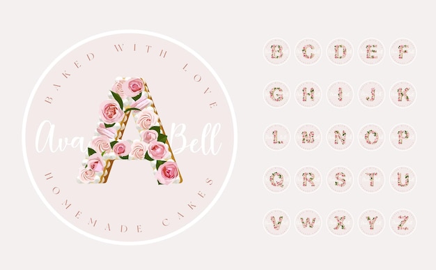 Set di design del logo premade rosa femminile con alfabeto della torta di lettere