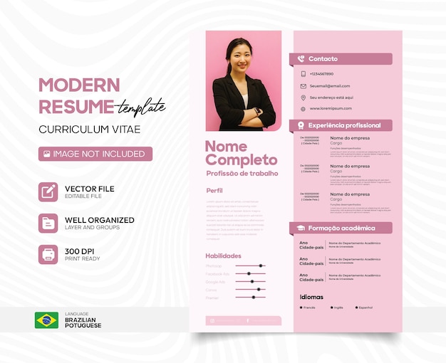 Vector feminine resume template in portuguese