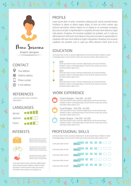 Feminine resume with infographic design. Stylish CV set for women.  