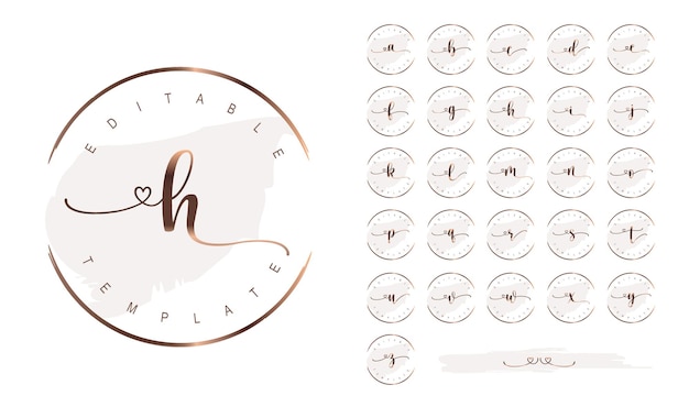 Vector feminine signature business logo design with rose gold alphabet letters and round frame