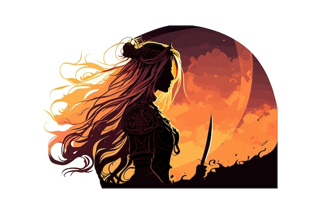 A feminine silhouette of a knight girl with a shield Vector illustration desing