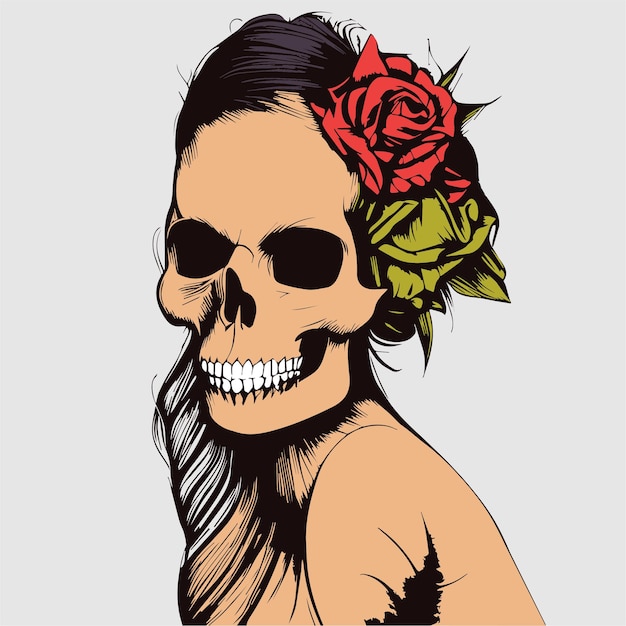 Feminine skull and flower hand drawn vector colored clip art
